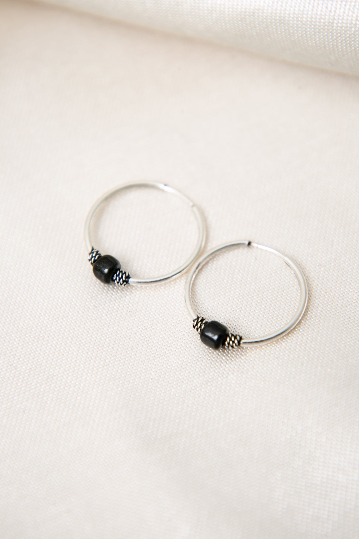 Women's 925 Sterling Silver Hoop Earrings with Mini Black Stone Detail