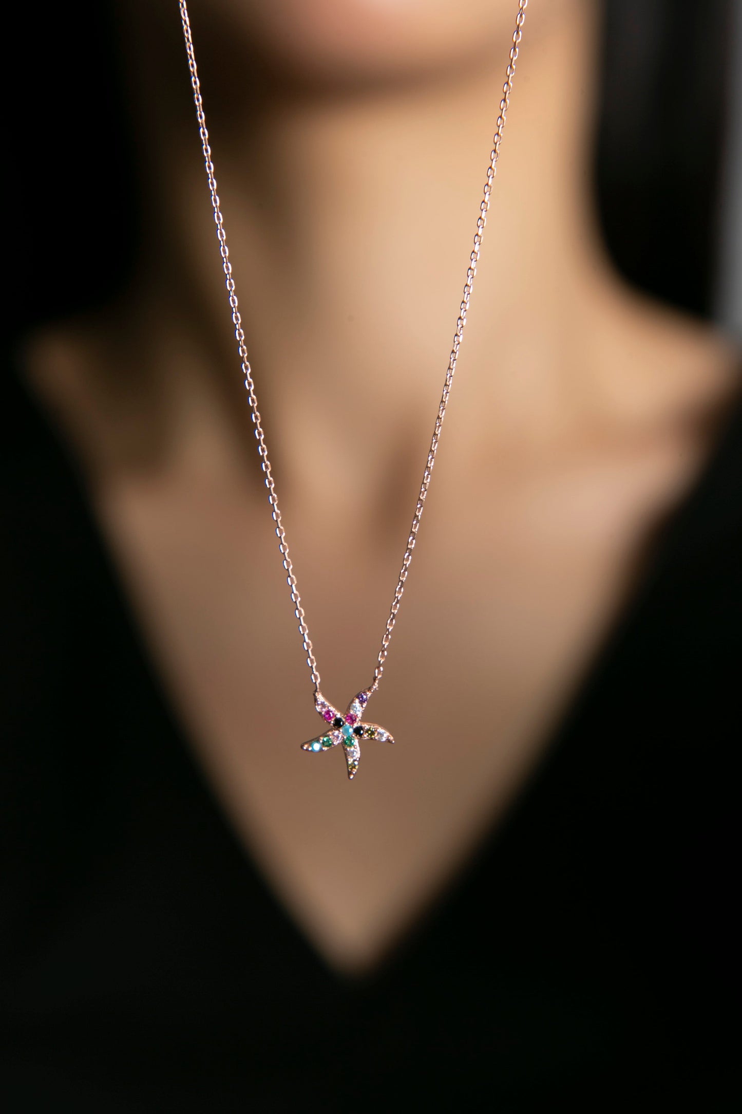 Women's 925 Sterling Silver Star Pendant Necklace with Colorful Stones