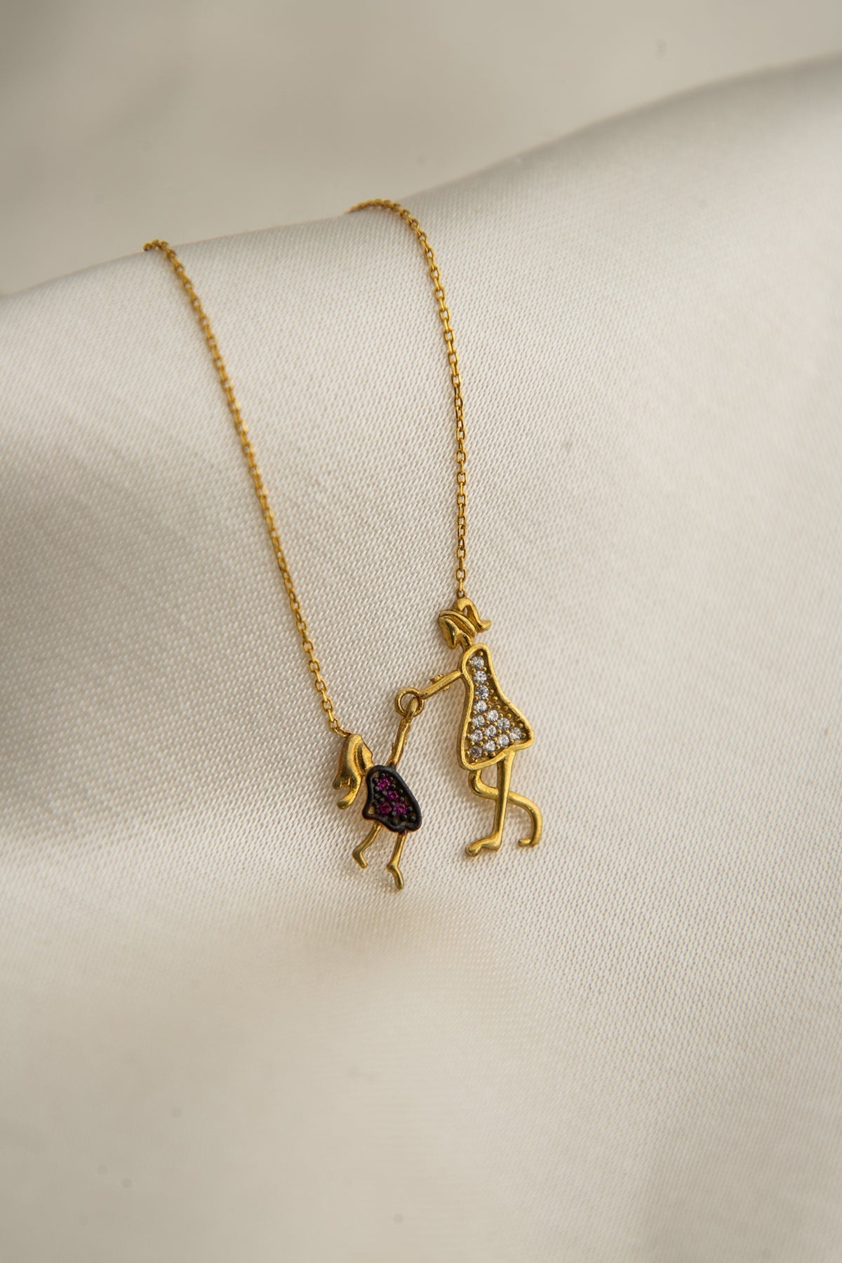 Women's Gold Plated Mother and Child Model 925 Sterling Silver Necklace
