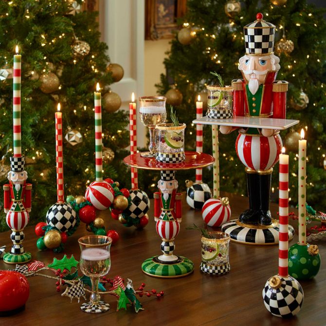 Multi Bands Red & Green  Dinner Candles, Set of 2