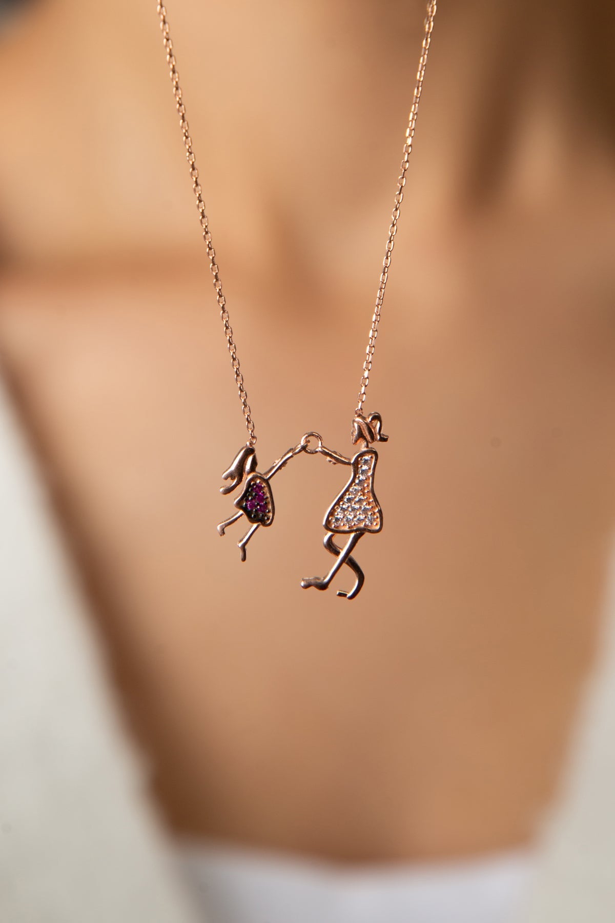 Women's 925 Sterling Silver Rose-Plated Mother and Child Necklace