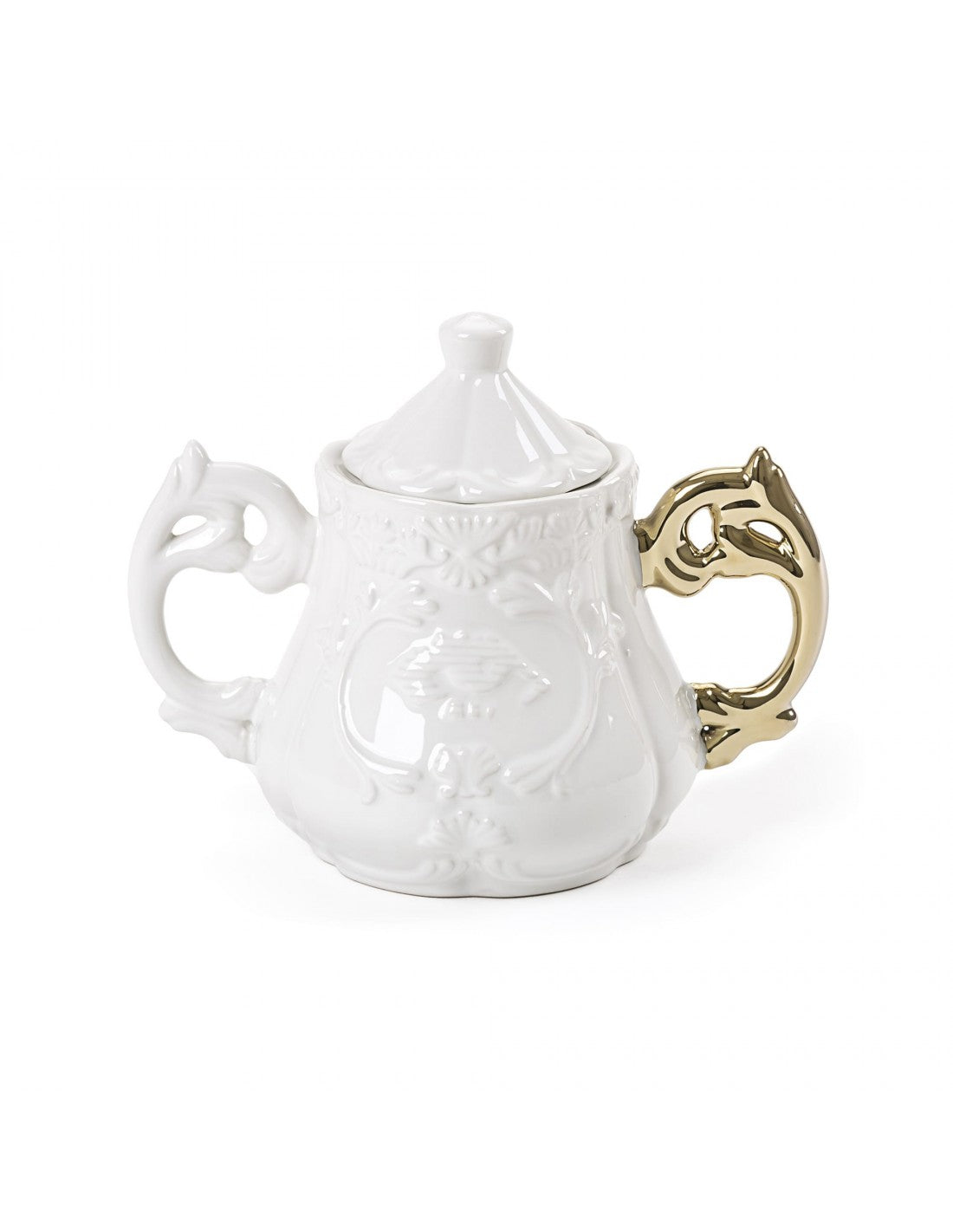 SELETTI i-wares sugar bowl in porcelain with col. handles gold