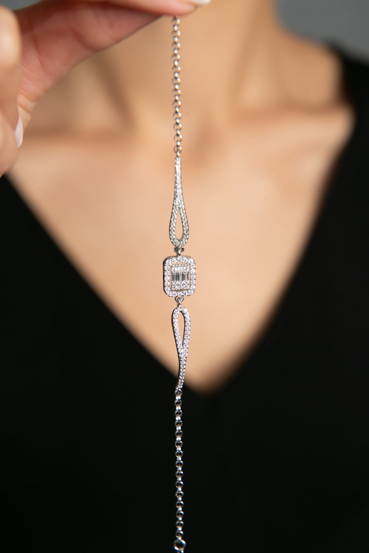 Women's 925 Sterling Silver Rhodium-Plated Zircon Baguette Bracelet