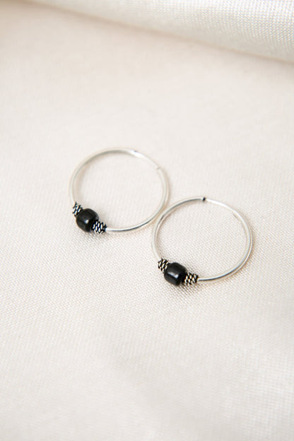Women's 925 Sterling Silver Hoop Earrings with Mini Black Stone Detail