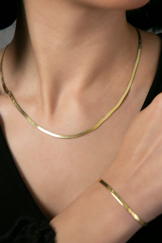 Women's 925 Sterling Silver Italian Flat Chain Necklace and Bracelet Set