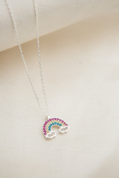 Women's Cloud-Detailed Rainbow Design 925 Sterling Silver Necklace