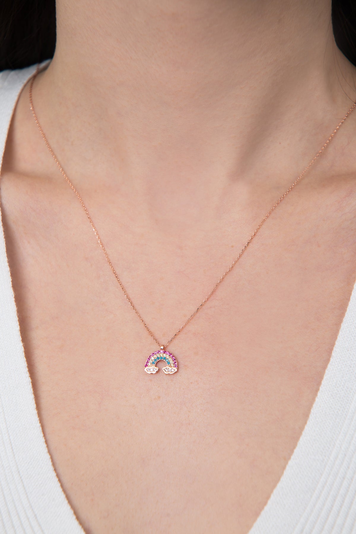 Women's Cloud Detailed Rainbow Model 925 Sterling Silver Necklace