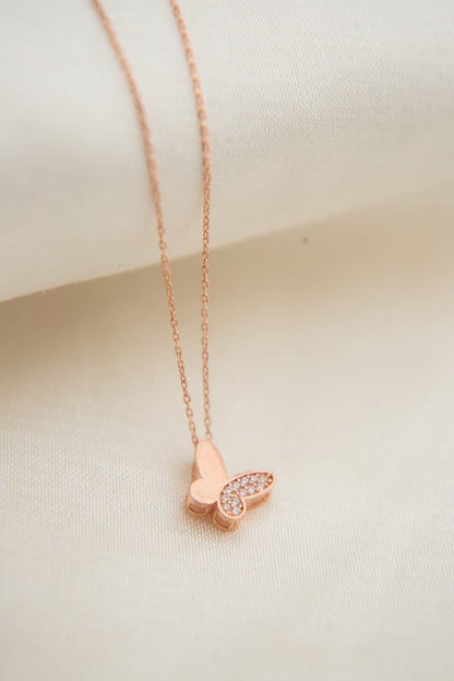 Women's White Stone Detail Butterfly Model 925 Sterling Silver Necklace
