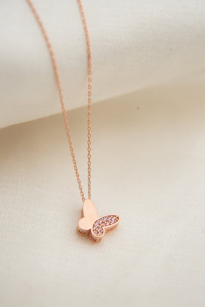 Women's 925 Sterling Silver Butterfly Necklace with Pink Stone Detail