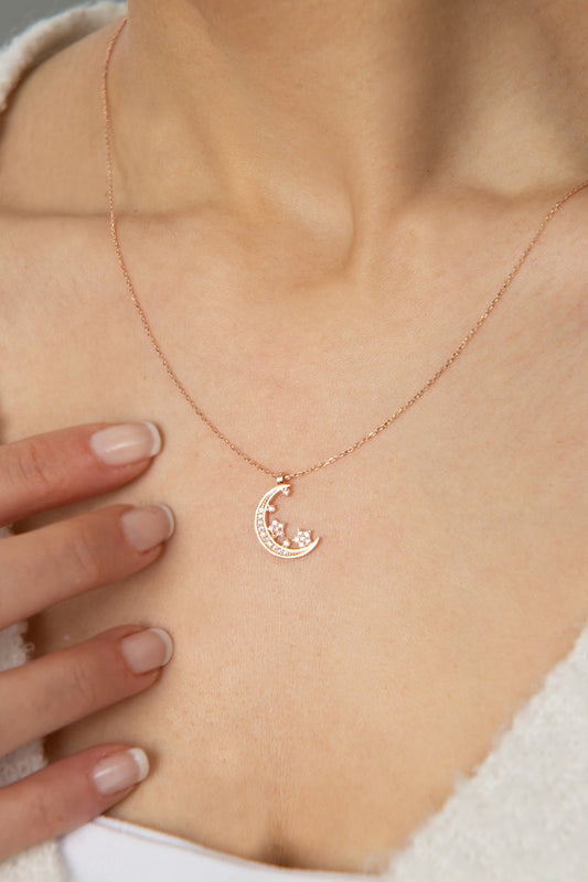 Women's 925 Sterling Silver Stone Moon and Star Necklace