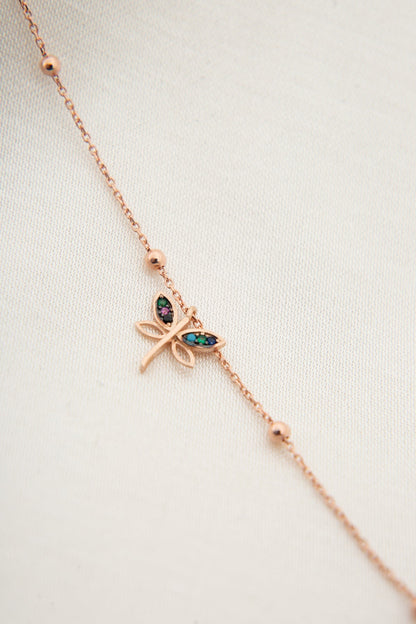 Women's 925 Sterling Silver Dragonfly Anklet with Pink Coating, Ball Chain Detail, and Stone Detail