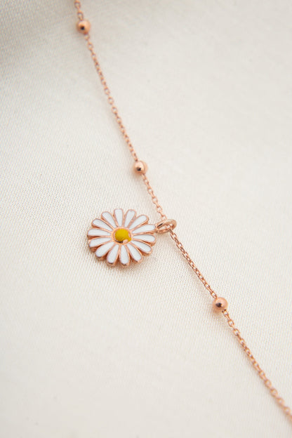 Women's 925 Sterling Silver Daisy Anklet with Enameled Details and Ball Chain
