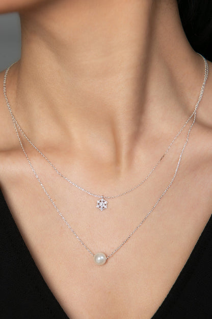 Women's Snowflake and Pearl Detail with Lift Mechanism 925 Sterling Silver Necklace