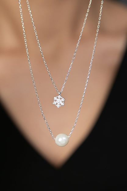 Women's Snowflake and Pearl Detail with Lift Mechanism 925 Sterling Silver Necklace