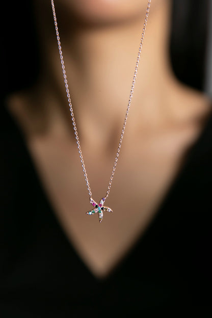 Women's 925 Sterling Silver Star Pendant Necklace with Colorful Stones
