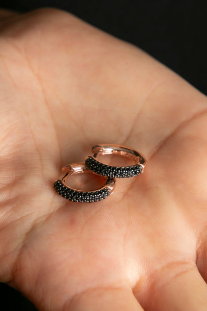 Women's Black Stone Detailed Hoop Earrings in 925 Sterling Silver
