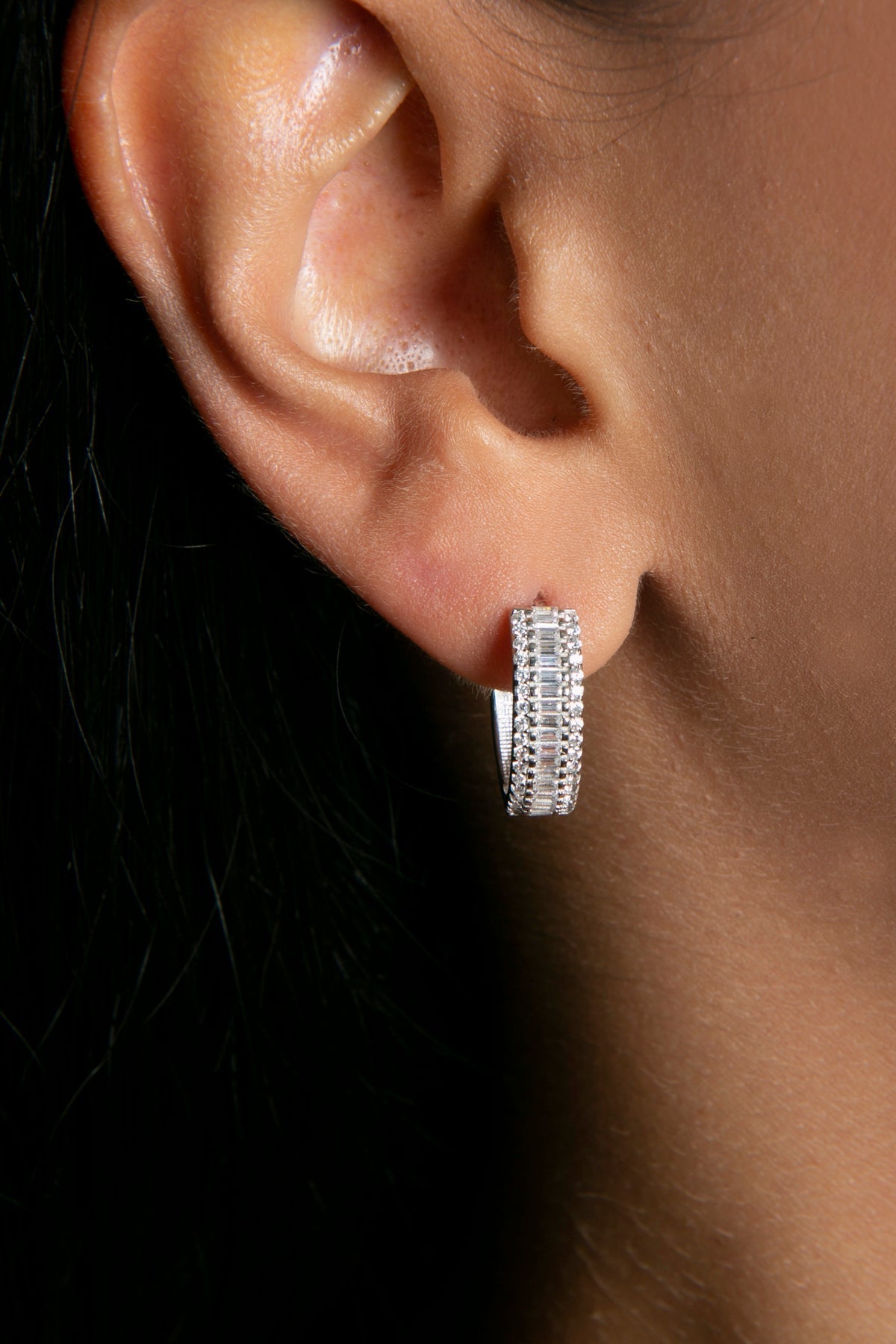 Women's Baguette Stone Hoop Model 925 Sterling Silver Earrings