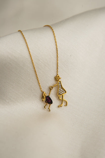 Women's Gold Plated Mother and Child Model 925 Sterling Silver Necklace