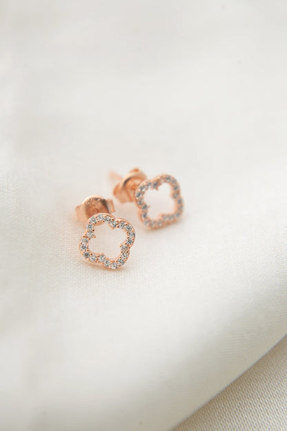 Women's 925 Sterling Silver Rose-Plated Flower Earrings with Stone Detail