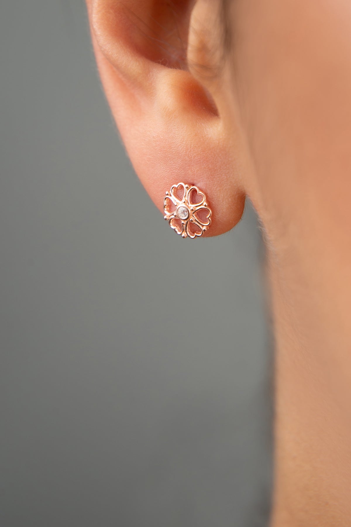 Women's Stone Detailed Flower Model Rose Plated 925 Sterling Silver Earrings