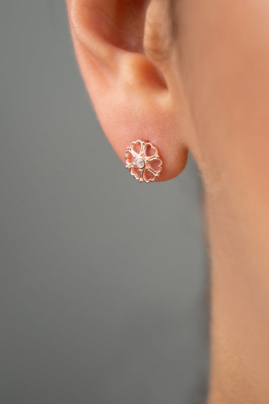 Women's Stone Detailed Flower Model Rose Plated 925 Sterling Silver Earrings