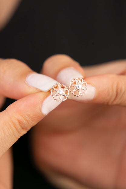 Women's Stone Detailed Flower Model Rose Plated 925 Sterling Silver Earrings