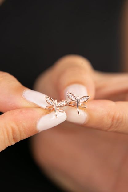 Women's Rose-Plated Dragonfly Earrings in 925 Sterling Silver