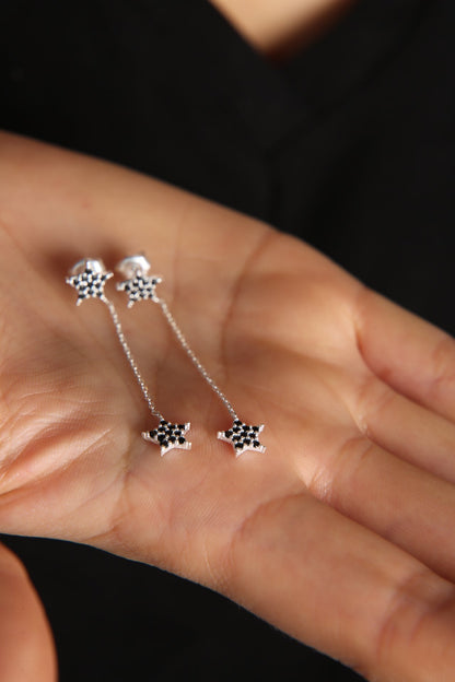 Women's 925 Sterling Silver Dangle Star Earrings with Black Stones