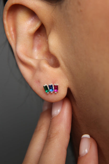 Women's Colorful Baguette Stone Minimal Model 925 Sterling Silver Earrings