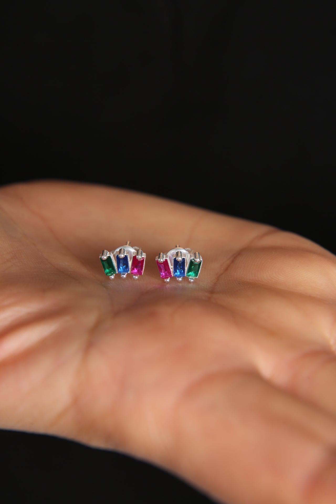 Women's Colorful Baguette Stone Minimal Model 925 Sterling Silver Earrings
