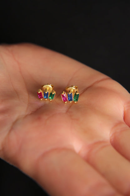 Women's Colorful Baguette Stone Minimal Model 925 Sterling Silver Earrings