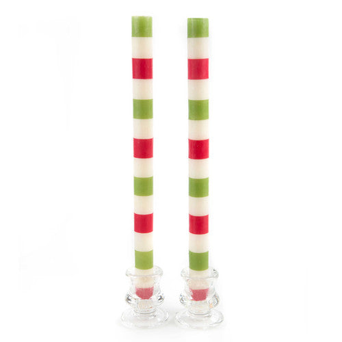 Multi Bands Red & Green  Dinner Candles, Set of 2