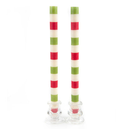 Multi Bands Red & Green  Dinner Candles, Set of 2