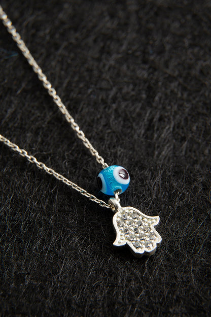 Women's Mini Hamsa and Evil Eye Bead Model 925 Sterling Silver Necklace