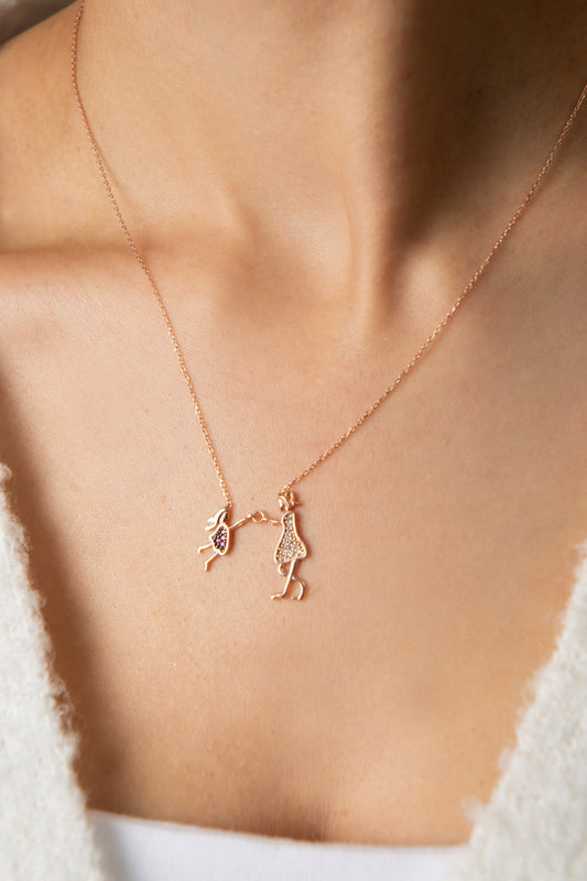Women's 925 Sterling Silver Rose-Plated Mother and Child Necklace
