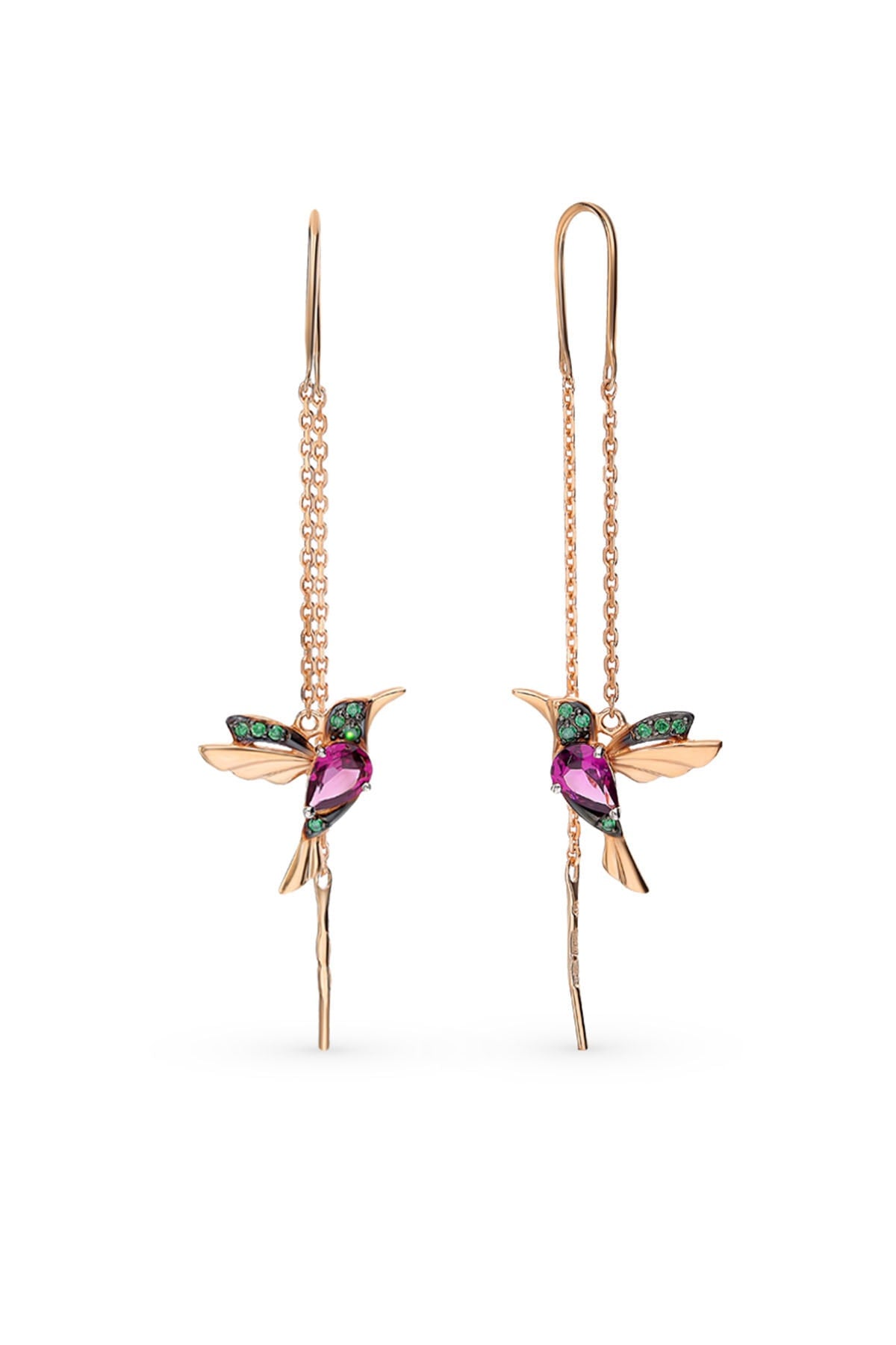 Women's Rose-Plated Bird Design Dangle Earrings with 925 Sterling Silver Chain