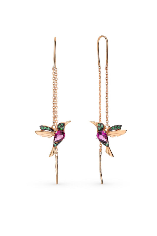 Women's Rose-Plated Bird Design Dangle Earrings with 925 Sterling Silver Chain