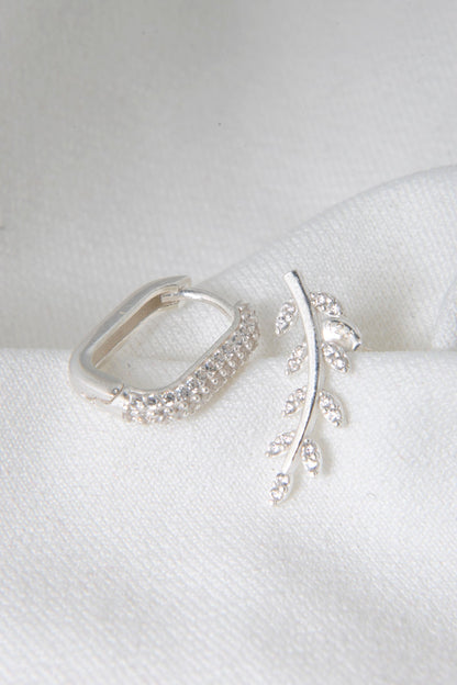 Women's 925 Sterling Silver Earrings Set with Leaf and Rectangle Design
