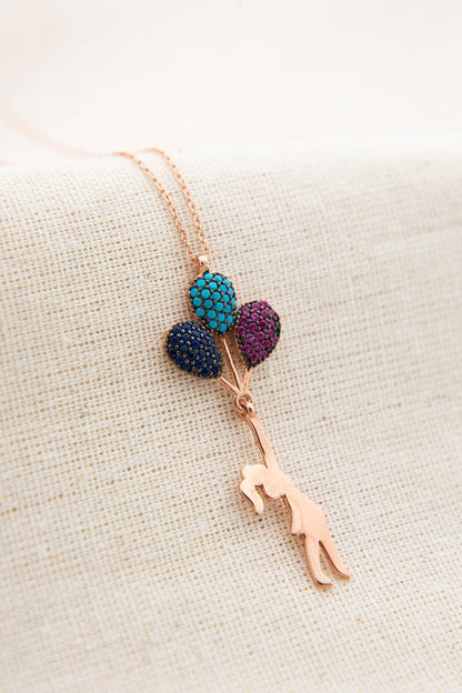 Women's Flying Balloon Charm Necklace in 925 Sterling Silver