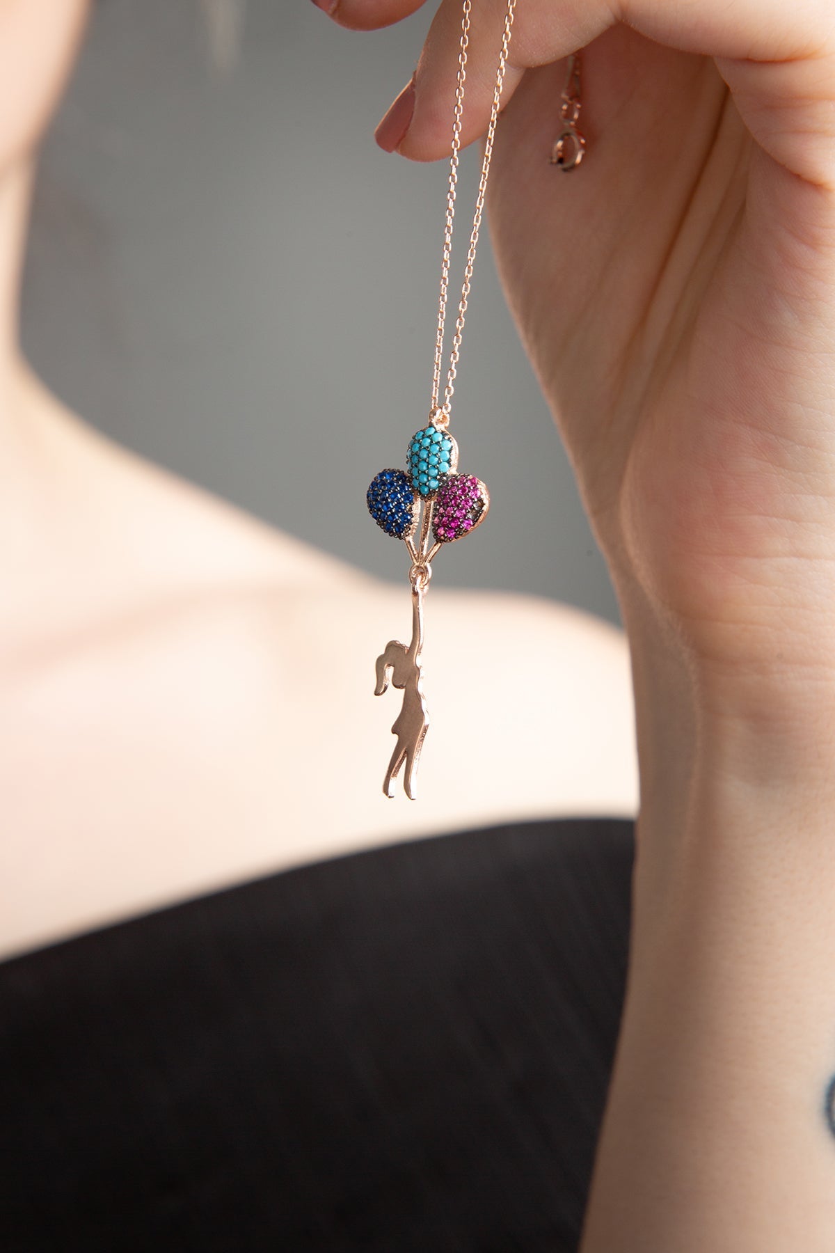 Women's Flying Balloon Charm Necklace in 925 Sterling Silver