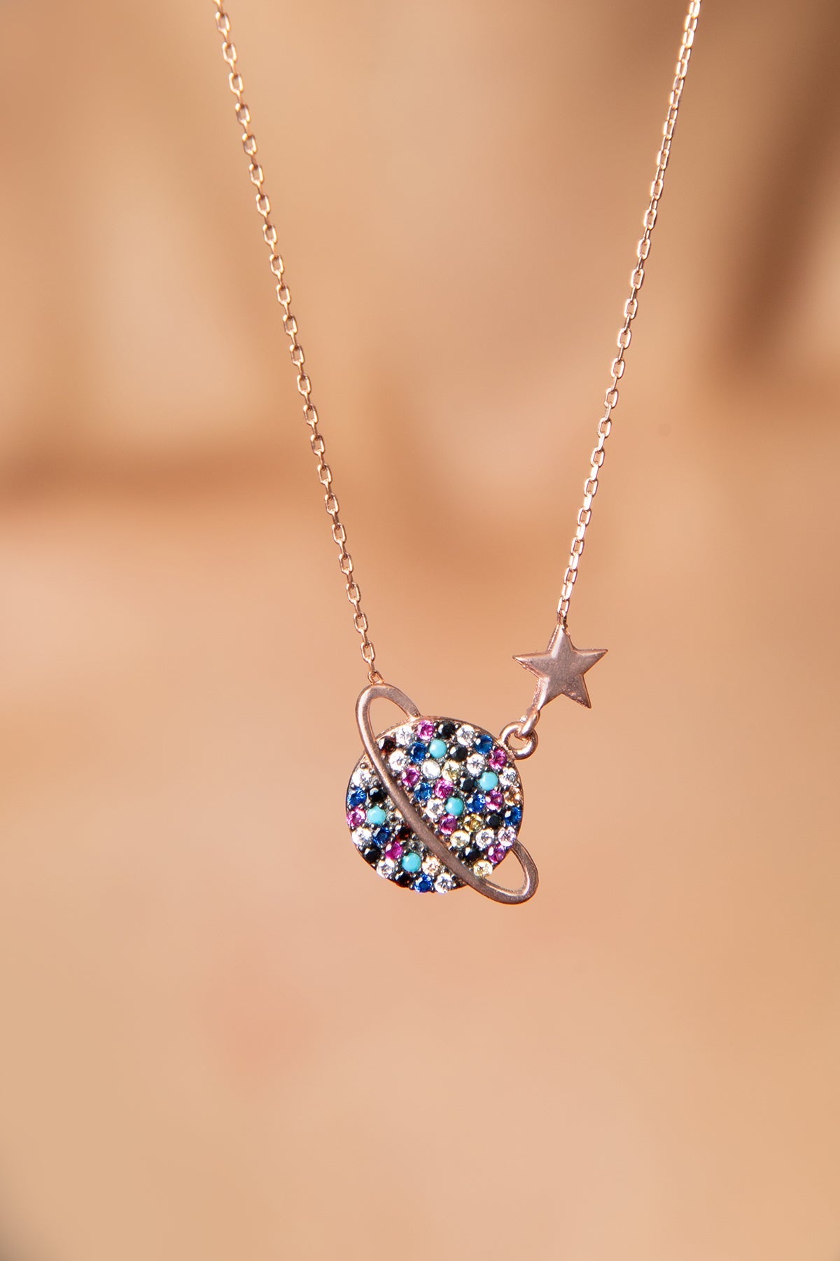 Women's 925 Sterling Silver Rose Gold-Plated Planet Necklace with Colorful Stones